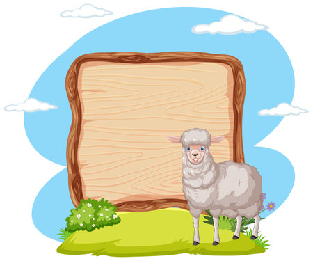 Cartoon sheep standing next to a blank sign.のイラスト素材