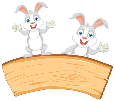 Two cartoon rabbits cheerfully presenting a blank sign.のイラスト素材
