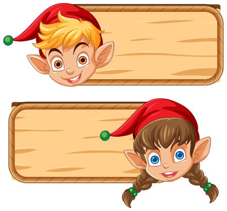 Two cartoon elves peeking behind wooden signs.のイラスト素材