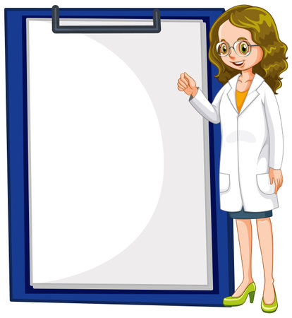 Cartoon scientist with clipboard pointing and explaining.のイラスト素材