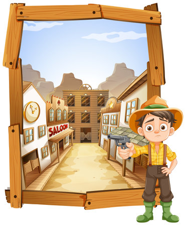 Cartoon cowboy boy in a western town setting.のイラスト素材