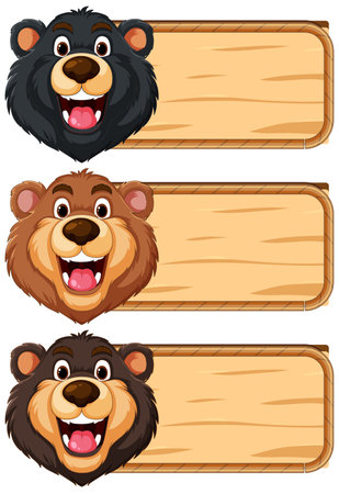 Three cheerful bears holding blank wooden signs.のイラスト素材