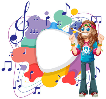 Hippie character with music notes and vibrant colors.のイラスト素材