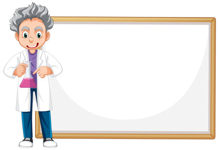 Cartoon scientist presenting with a large empty board.のイラスト素材