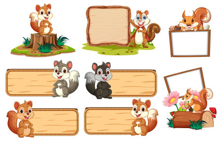 Various squirrels posing with empty wooden signsのイラスト素材