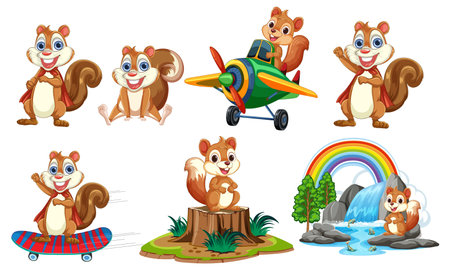 Cartoon squirrels engaging in playful, diverse activitiesのイラスト素材