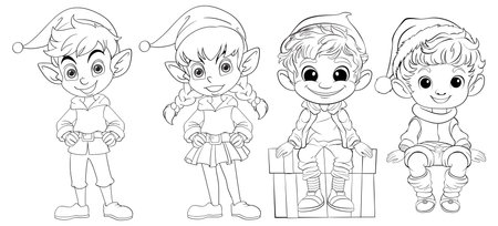 Four playful elves in various cheerful posesのイラスト素材