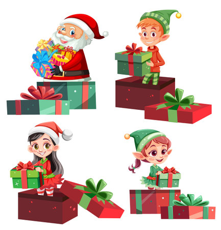 Colorful vector illustrations of Santa and elves with giftsのイラスト素材
