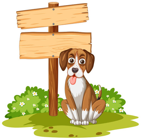 Cartoon dog beside a blank wooden signpost.のイラスト素材