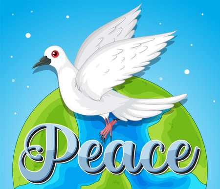 White dove flying over Earth with peace textのイラスト素材