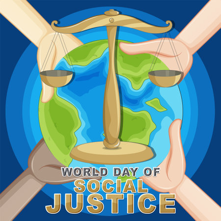 Illustration of scales, Earth, and hands promoting justiceのイラスト素材