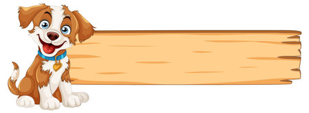 Cheerful dog beside blank wooden signのイラスト素材
