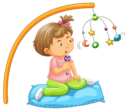 A child enjoying a colorful mobile toyのイラスト素材