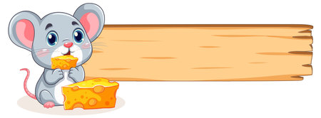 Adorable mouse holding cheese beside wooden signのイラスト素材