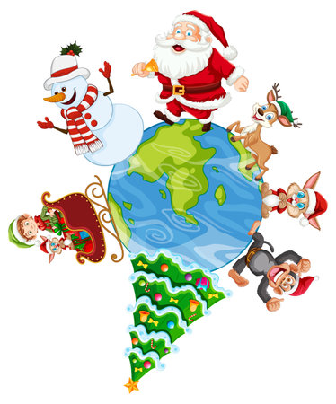 Santa and friends celebrate Christmas globallyのイラスト素材