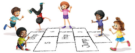 Kids enjoying a fun hopscotch gameのイラスト素材