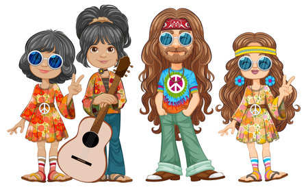 Retro family in colorful hippie attireのイラスト素材