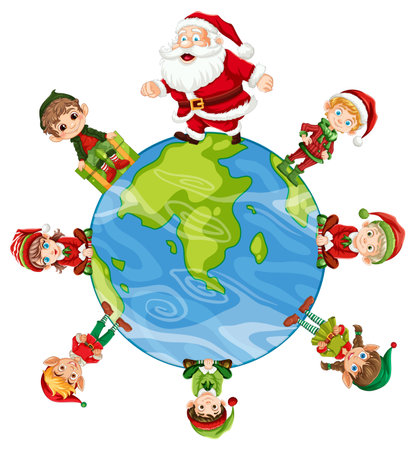 Santa and elves standing on Earthのイラスト素材