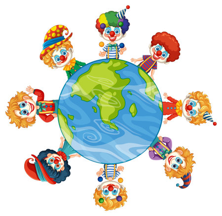 Colorful clowns encircle the Earth, symbolizing unityのイラスト素材