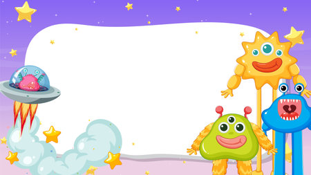 Cute aliens with spaceship and starsのイラスト素材