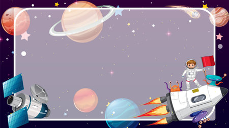 Astronaut exploring space with rocket and planetsのイラスト素材