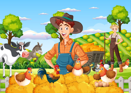 Farmers with animals and hay balesのイラスト素材