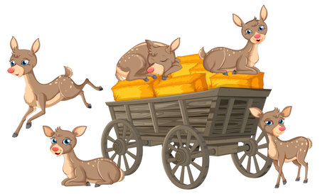 Cute deer playing near a wooden wagonのイラスト素材