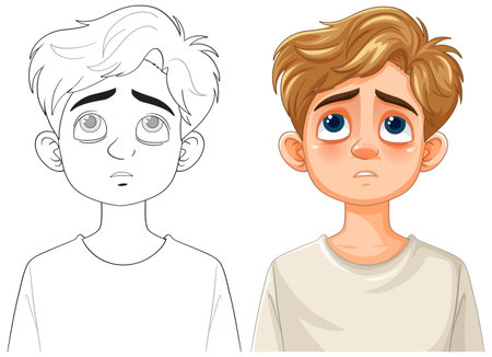 Illustration of a sad boy with expressive eyesのイラスト素材