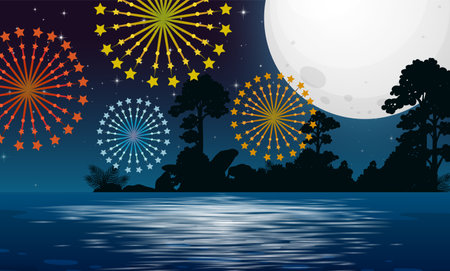 Colorful fireworks illuminate a serene night skyのイラスト素材