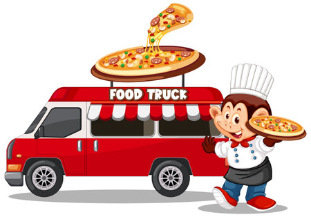Cartoon chef serving pizza from food truckのイラスト素材