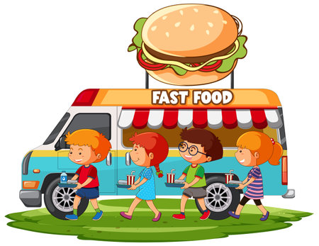 Kids lined up at a fast food truckのイラスト素材