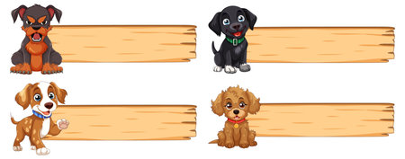 Four adorable puppies with blank wooden signsのイラスト素材
