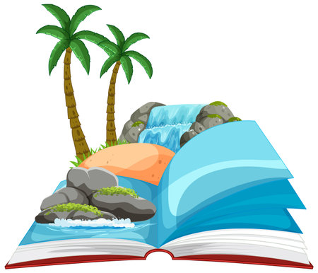 Open book with tropical landscape illustrationのイラスト素材
