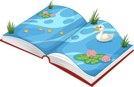 Illustration of a book with a pond sceneのイラスト素材