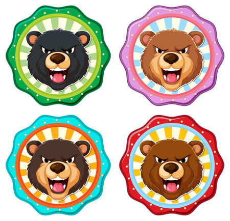 Four bear faces in colorful badge designsのイラスト素材