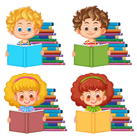 Four kids reading books with stacks behindのイラスト素材