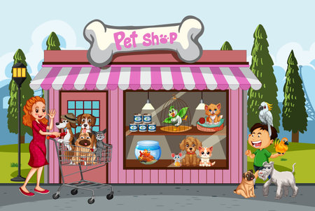 Pet shop with animals and happy customersのイラスト素材