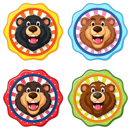 Four cheerful bear faces in colorful medallionsのイラスト素材