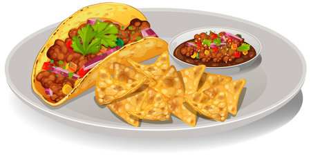 Taco with nachos and salsa on plateのイラスト素材