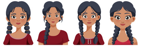 Four illustrations of a woman with braidsのイラスト素材