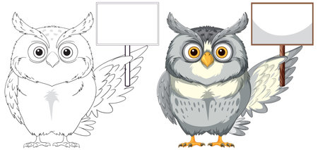 Two owls with signs, one colored, one outlinedのイラスト素材