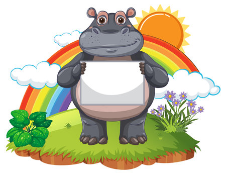 A cheerful hippo holding a blank signのイラスト素材