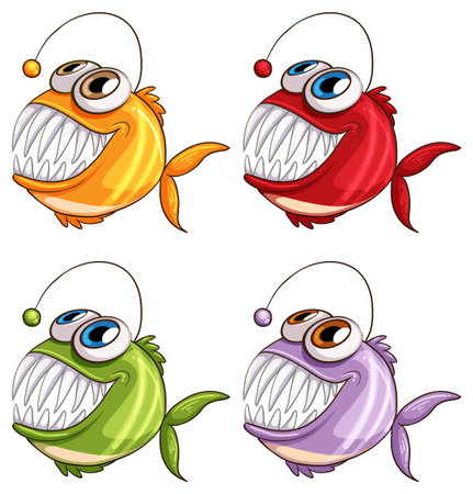 Four vibrant anglerfish with playful expressionsのイラスト素材