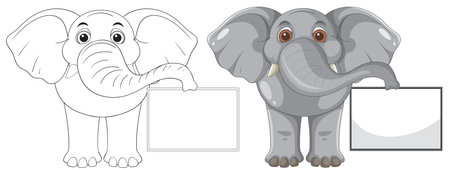 Two elephants with signs, one colored, one outlinedのイラスト素材