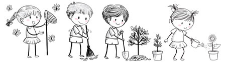 Kids gardening and catching butterflies together happilyのイラスト素材