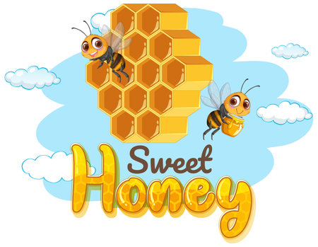 Cheerful bees buzzing around a honeycombのイラスト素材