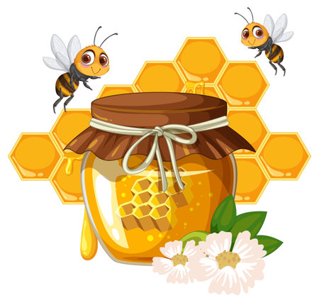 Bees buzzing around a honey jar and flowersのイラスト素材