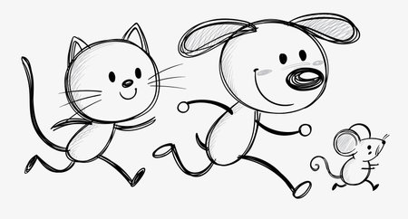 A cat, dog, and mouse joyfully running togetherのイラスト素材
