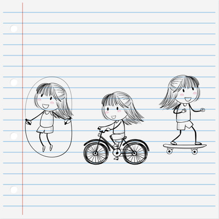 Kids enjoying activities: jumping, biking, skateboardingのイラスト素材