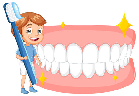 Smiling child holding a large toothbrush, clean teethのイラスト素材
